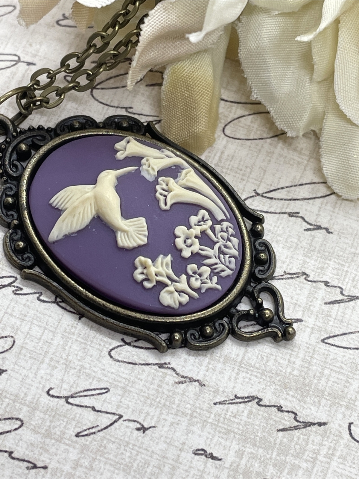Purple Bronze Hummingbird Necklace Pendant Cameo Mom Daughter Birthday wedding