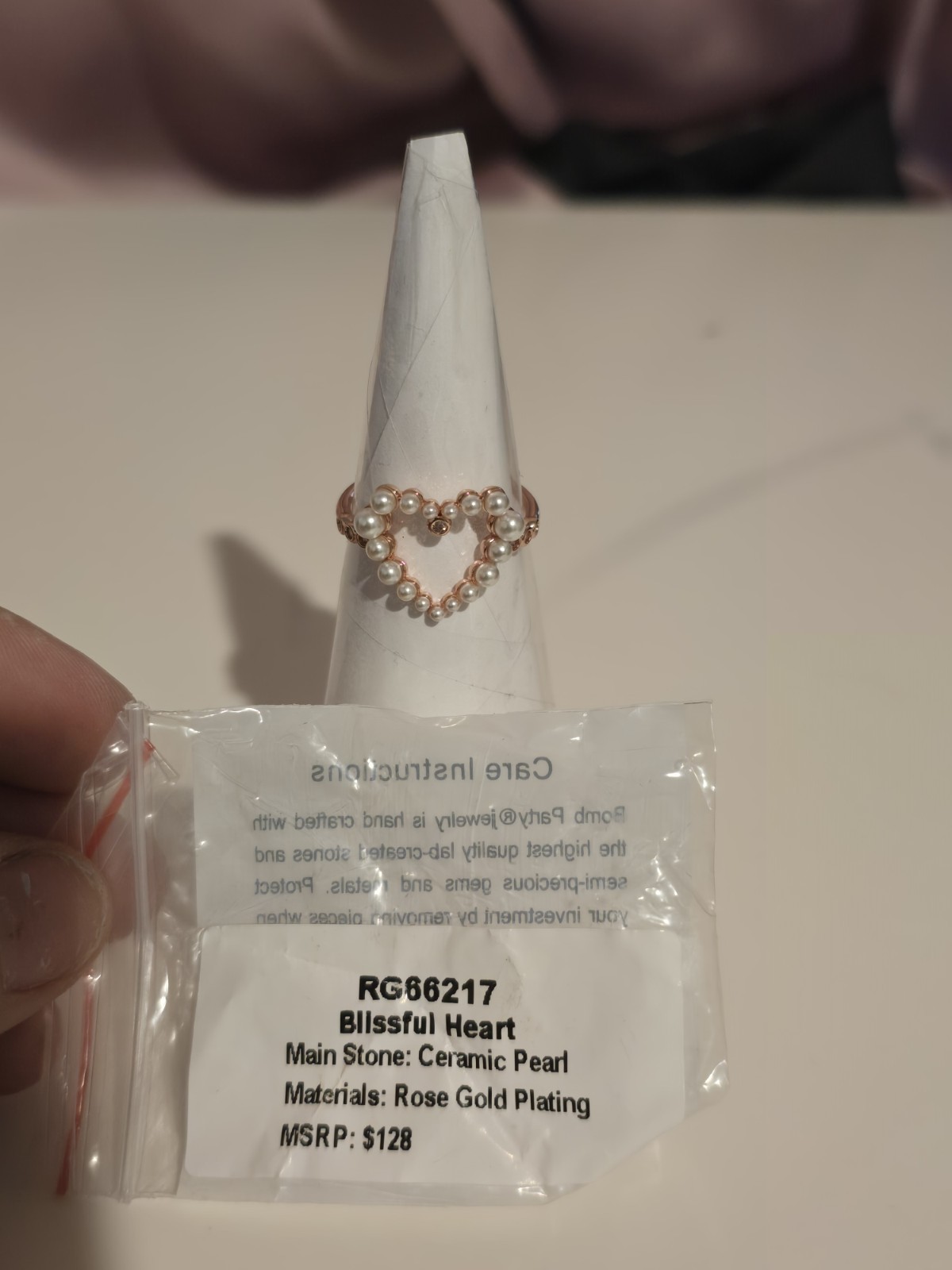 Bomb Party Blissful Heart Ring Size 9 Rose Gold Plated Ceramic Pearl RC66217
