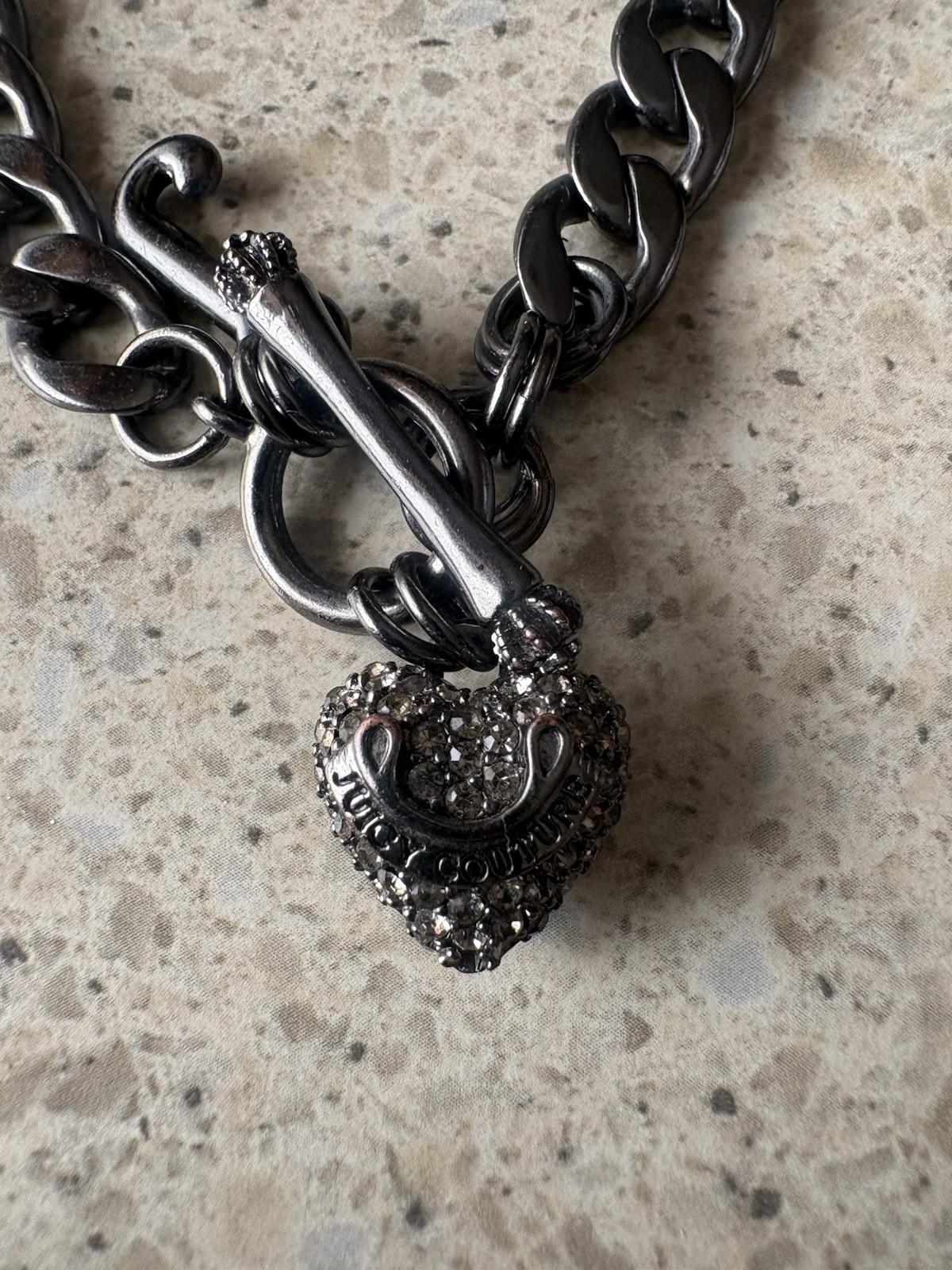 Juicy Couture Signed Curb Link Toggle Bracelet Heart Charm Crystal