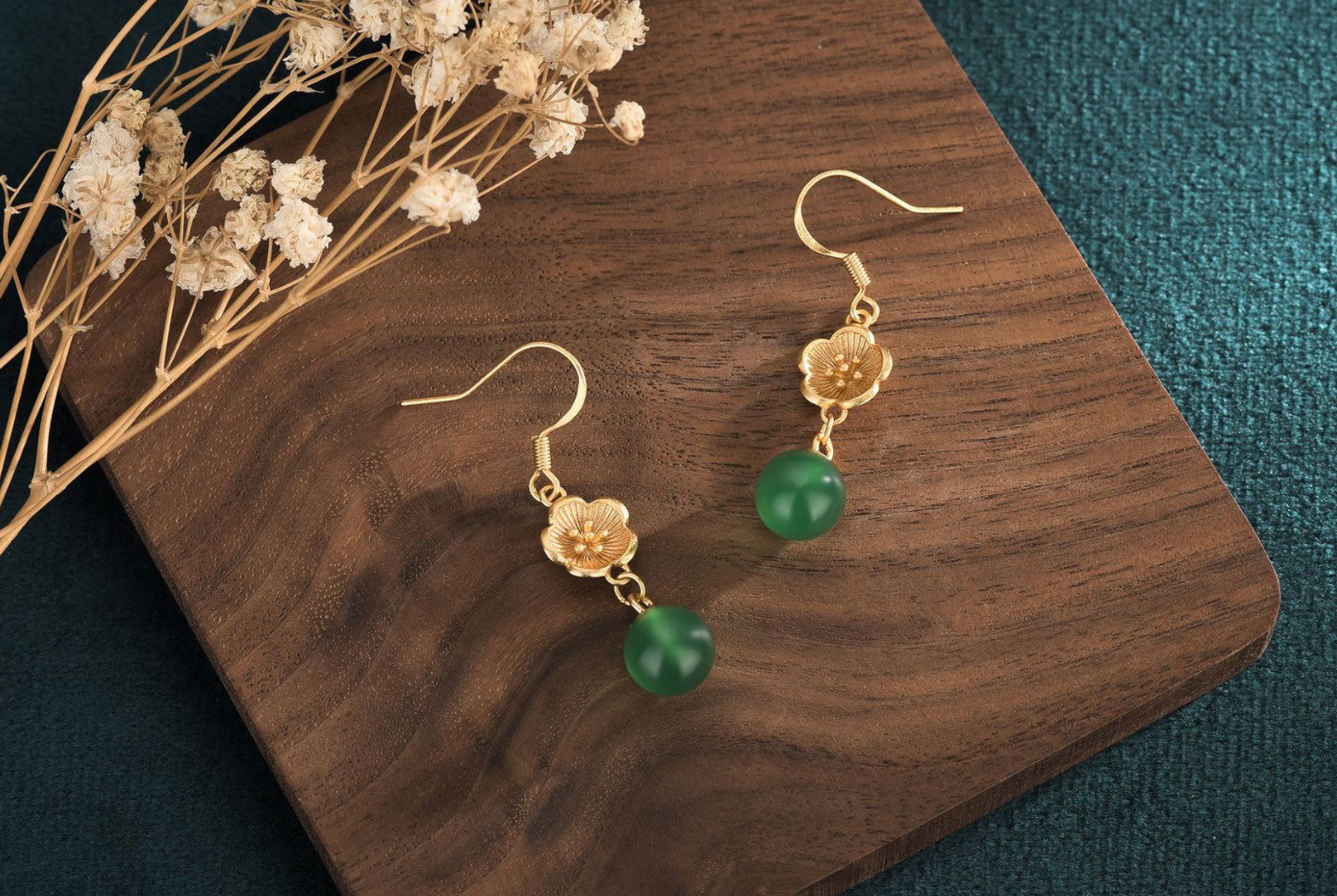Jade Drop Dangle Earrings Flower Gemstone Boho Minimalist Hook 18K Gold Plated