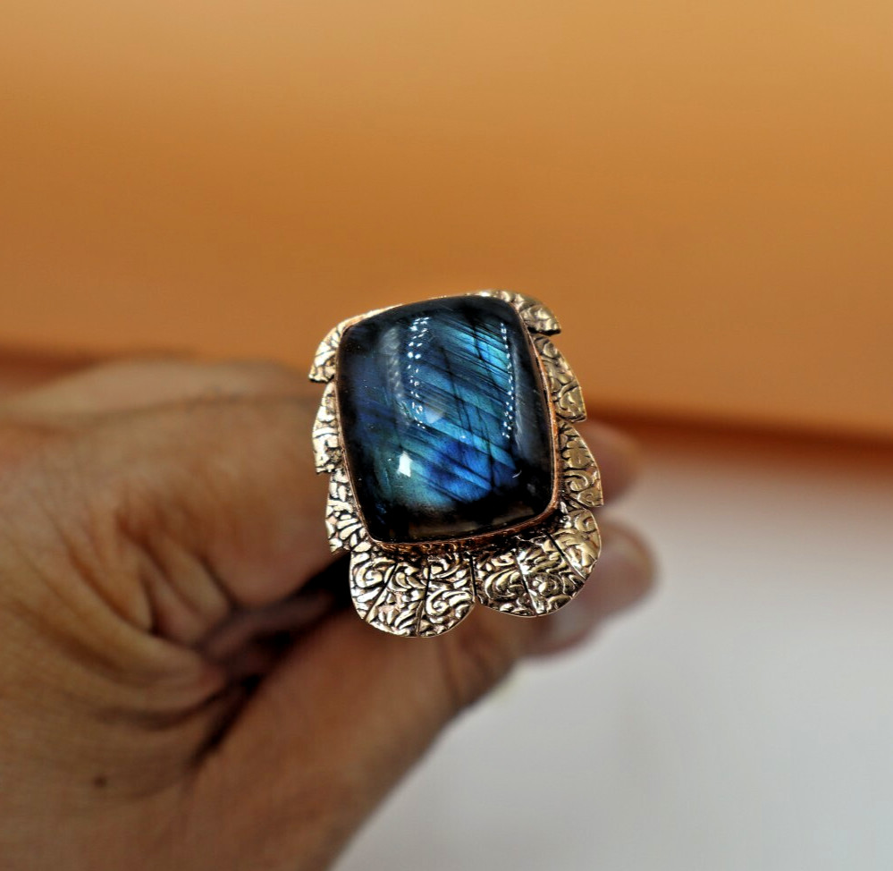 Blue Fire Labradorite Ring TexturedCopper Handmade Ring Bohemian Gift US” 7.5