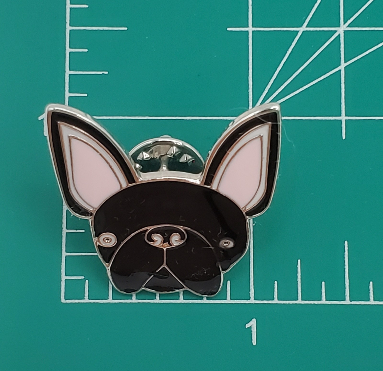 French Bulldog Dog Lapel Pin 1in Black Pink Ears Enamel Lightweight Metal Brooch