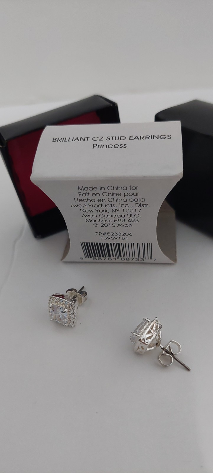 Avon Brilliant CZ Princess Square Halo Stud Earrings Silver Tone Butterfly Back