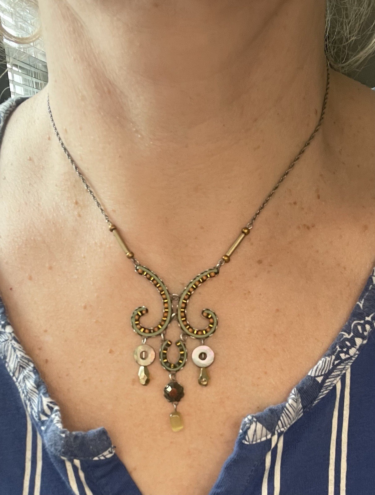 Ayala Bar Silvertone Mixed Materials Chocker Collar Beaded Boho 16-20” Necklace