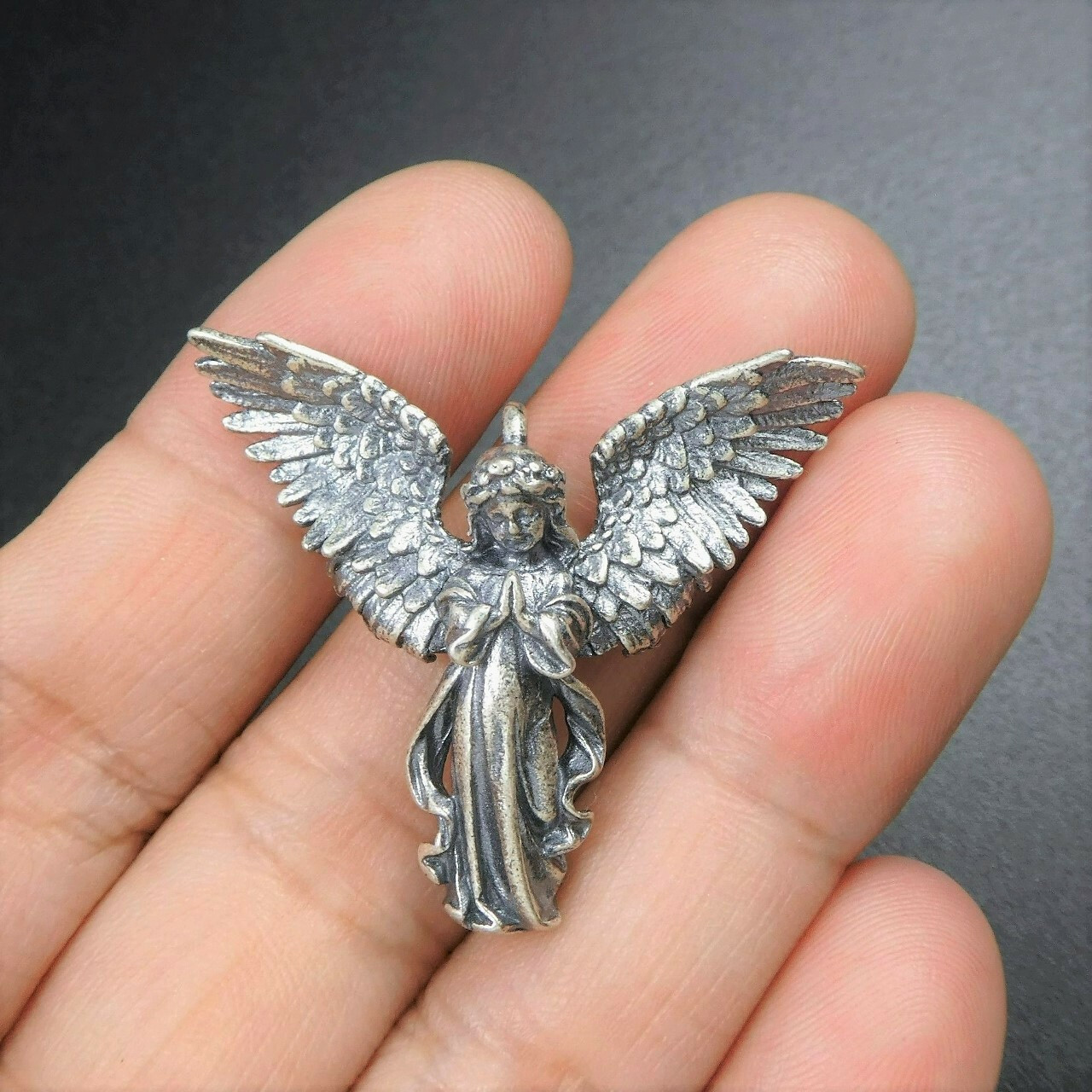 Antiqued 925 Sterling Silver Praying Angel Pendant with Open Wings Unique