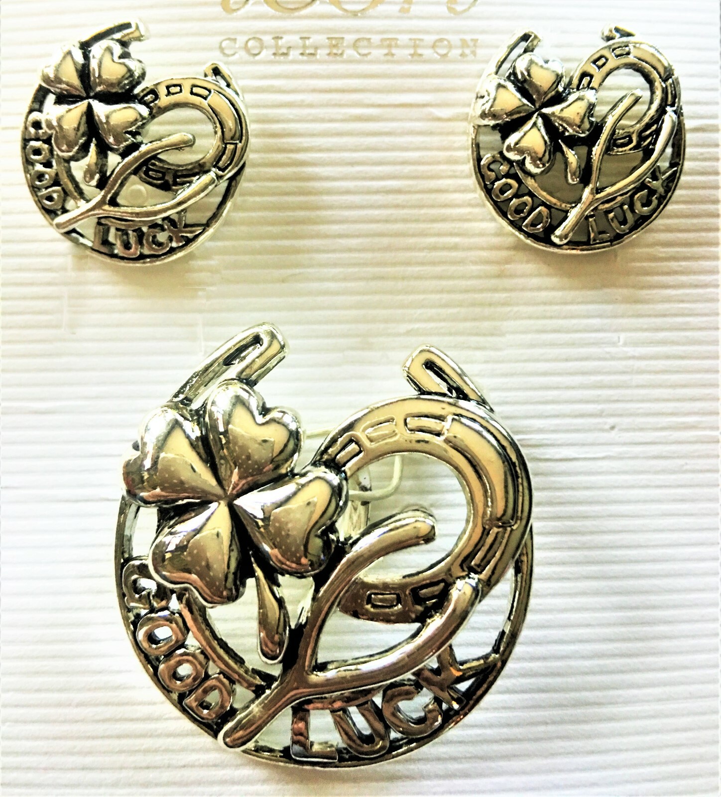 SILVERTONE SLIDE PENDANT EARRING PIN SCARF CLIP SET GOOD LUCK HORSEHOE 4 CLOVER