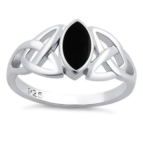 Celtic Synthetic Black Onyx Triquetra Ring Marquise Shape 925 Sterling Silver