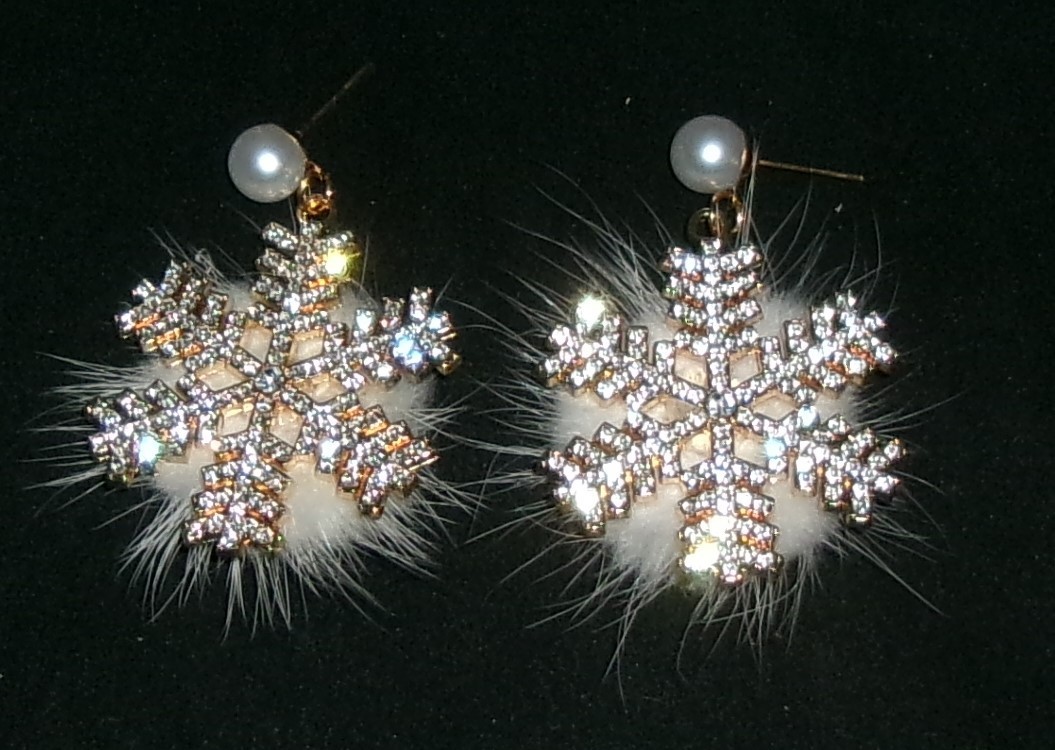 Snowflake WINTER Earrings Clear Rhinestones Faux Fur Back Pierced NEW