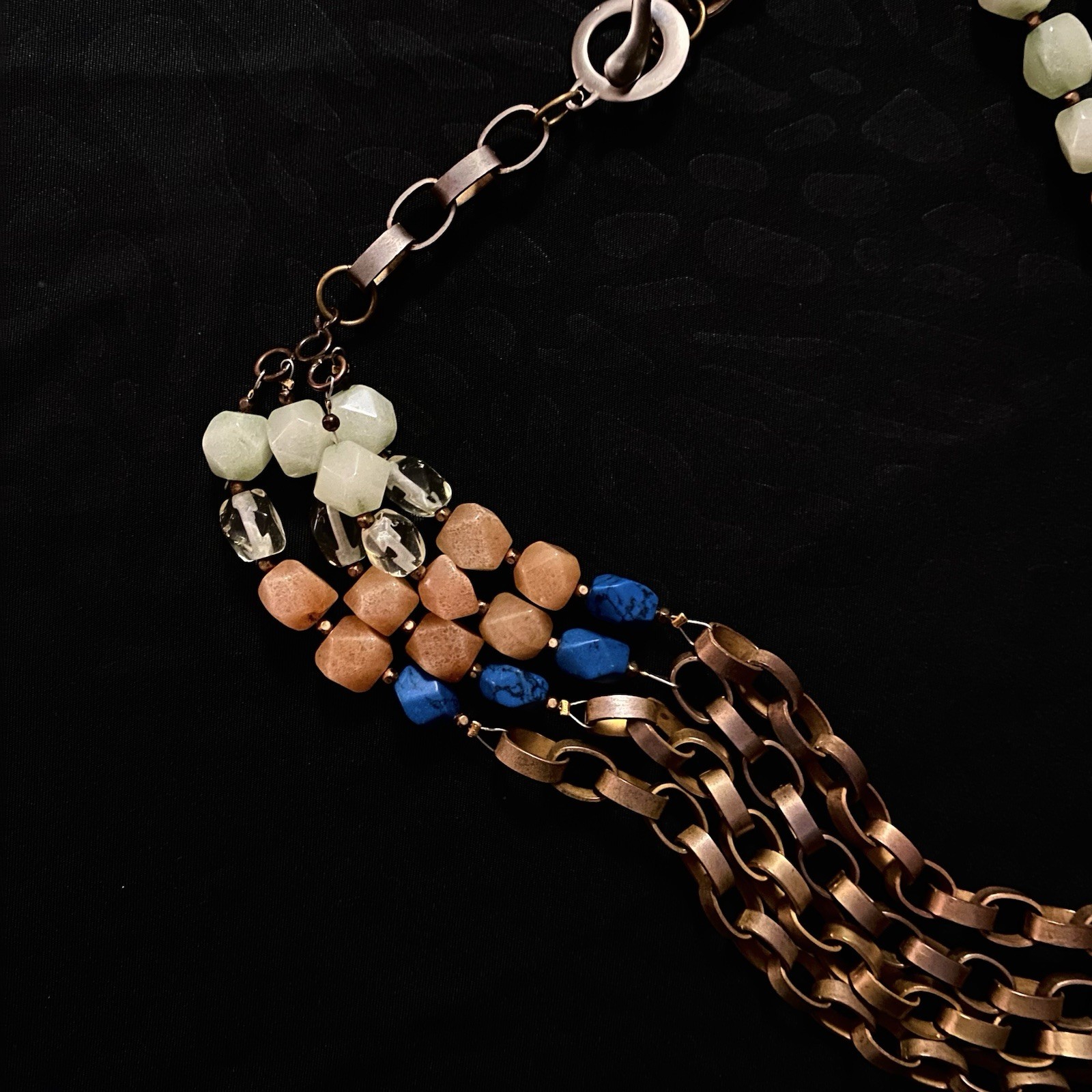 Layered Multi-Strand Bronze Chain Necklace + Blue/Peach/Mint Faceted Beads