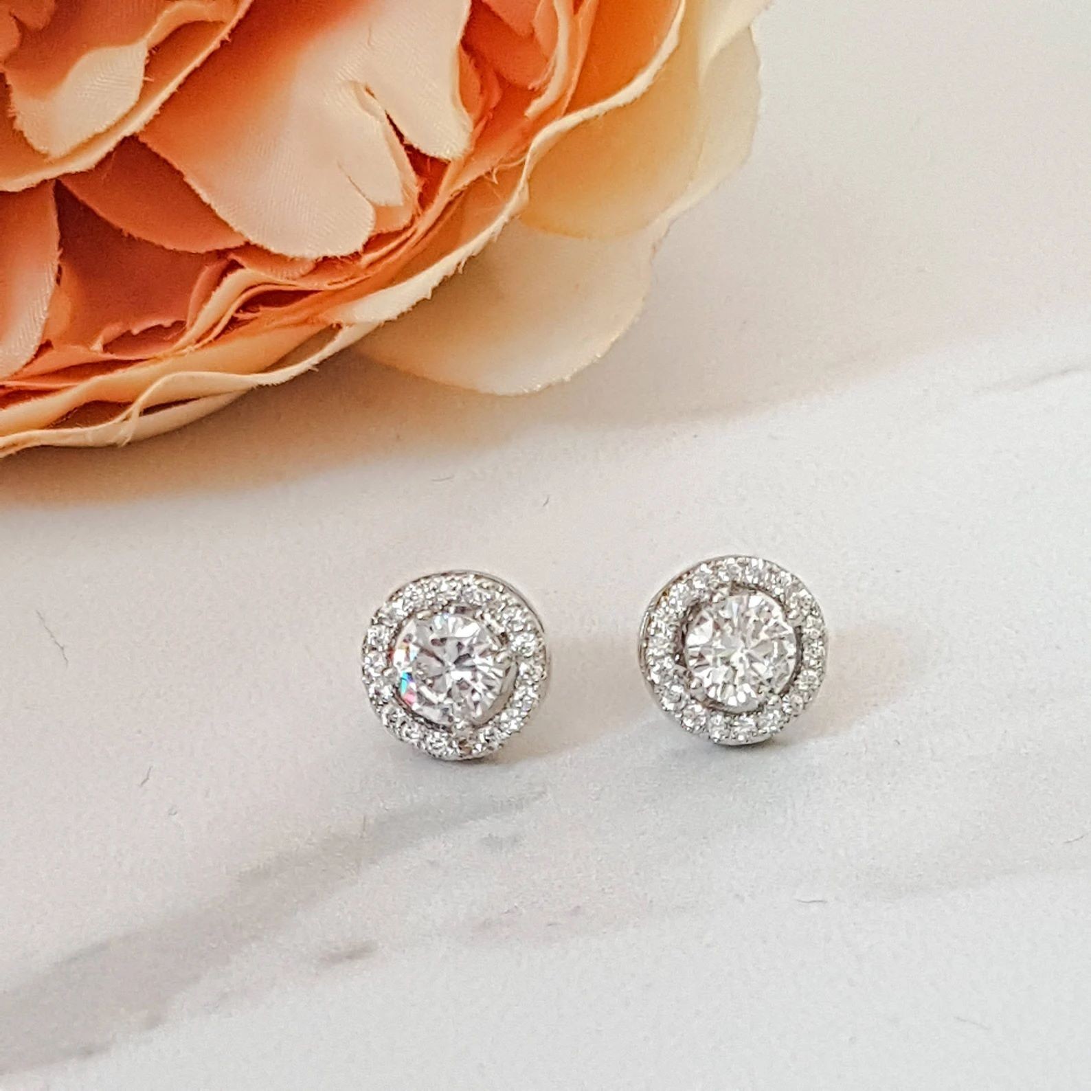 925 Sterling Silver Round Shaped CZ HALO STUD EARRINGS For Women
