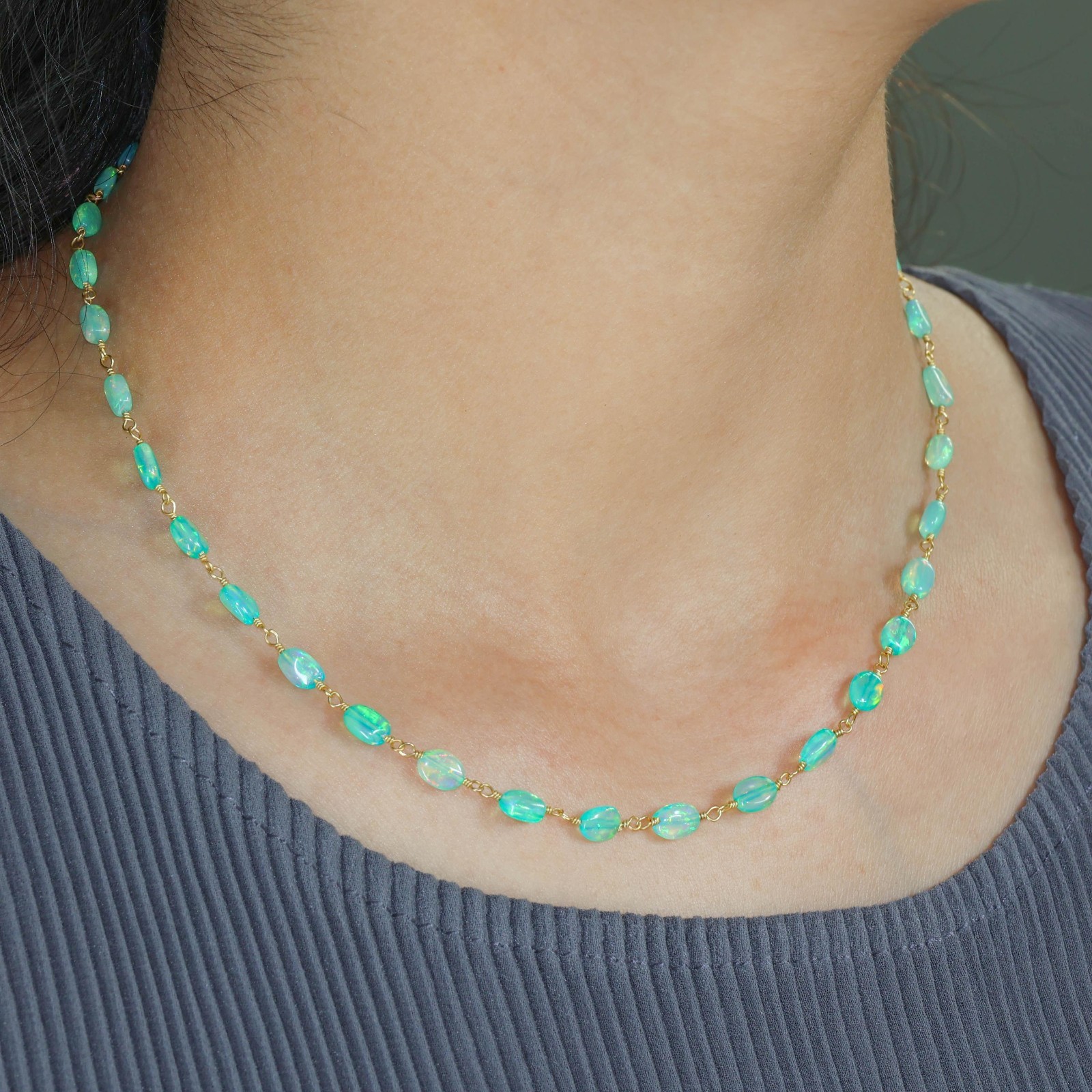 Fire Green Opal Tumble Beads Wire Wrap Necklace, Natural Ethiopian Opal Beaded