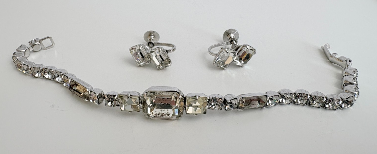 VTG 6.5″ Emerald Cut Cubic Zirconia Bracelet with Emerald Cut CZ Earrings Set