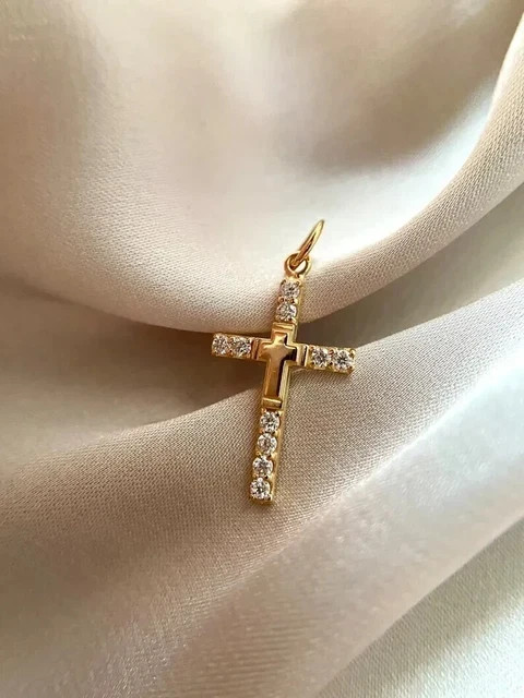 30MM Cross Pendant Chain Christmas Gift Simulated Diamond 14K Yellow Gold Plated