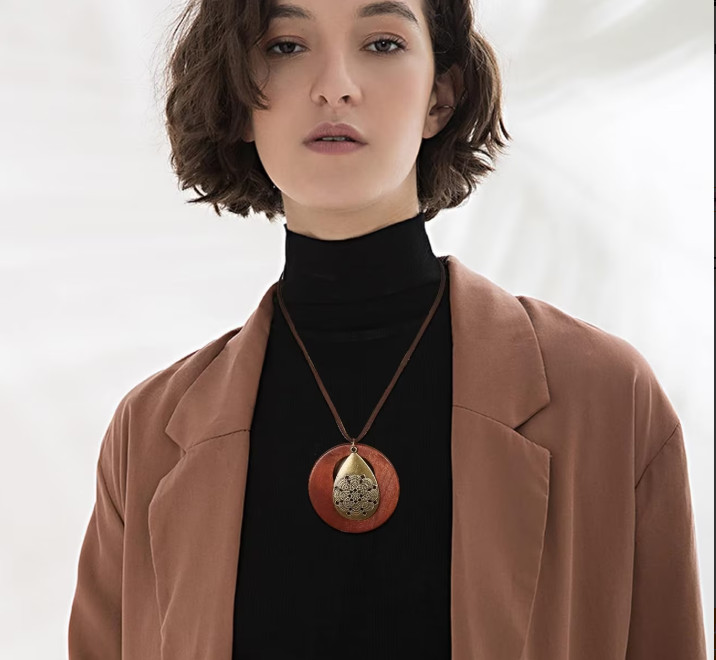 6Pcs Long Pendant Necklace Set Women Boho Wood Sweater Statement Hippie Jewelry