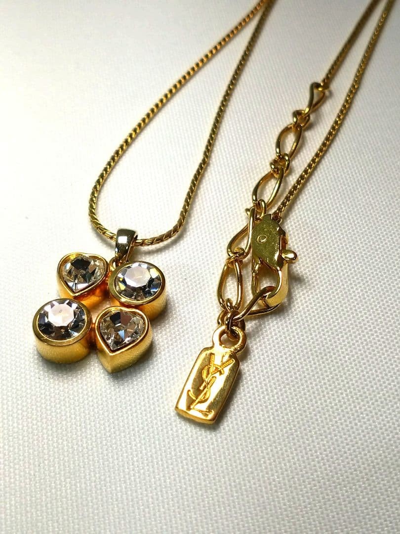 Yves Saint Laurent Necklace Crystal Rhinestone Gold Logo Plate Length: 17.3 in.