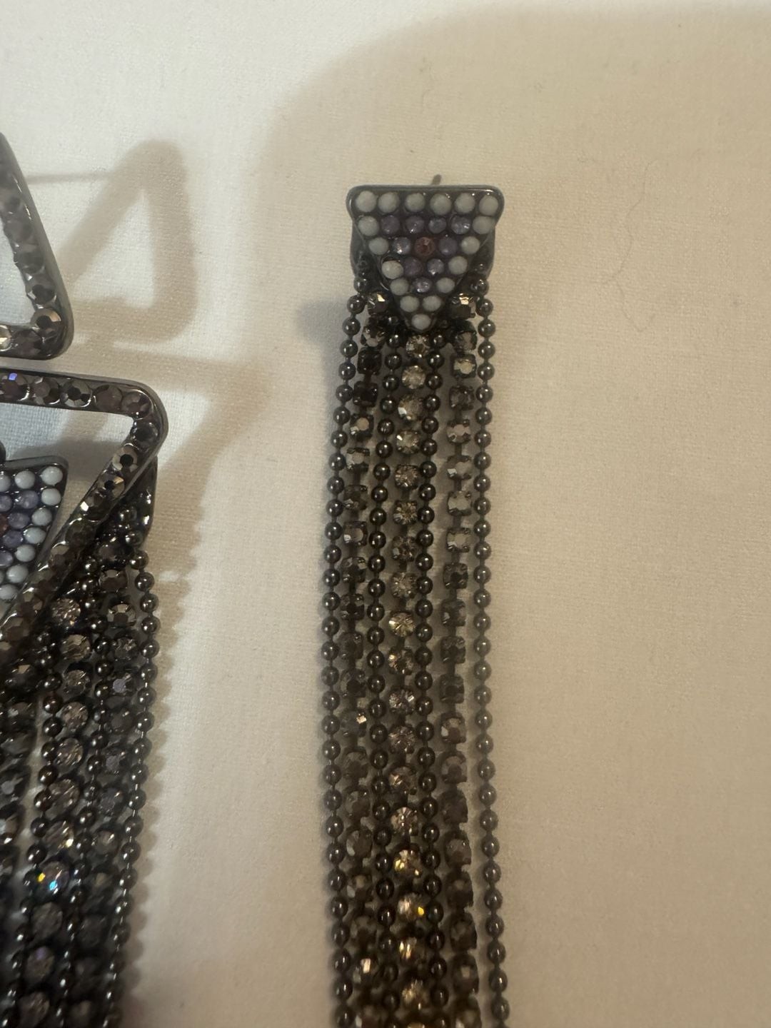 Gunmetal Geometric Rhinestone Asymmetrical Fringe Statement Fringe Earrings