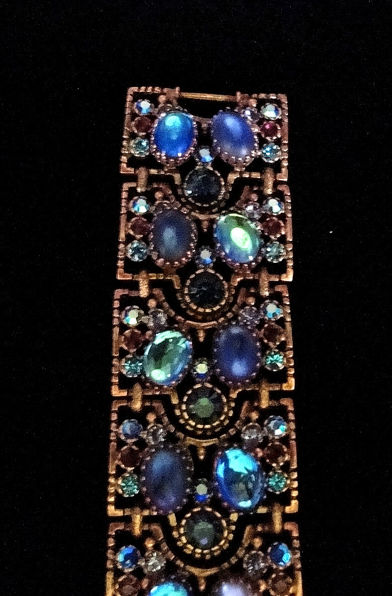 MINT Sweet Romance USA Bronze Link Bracelet with Blue Art Glass & Rhinestones