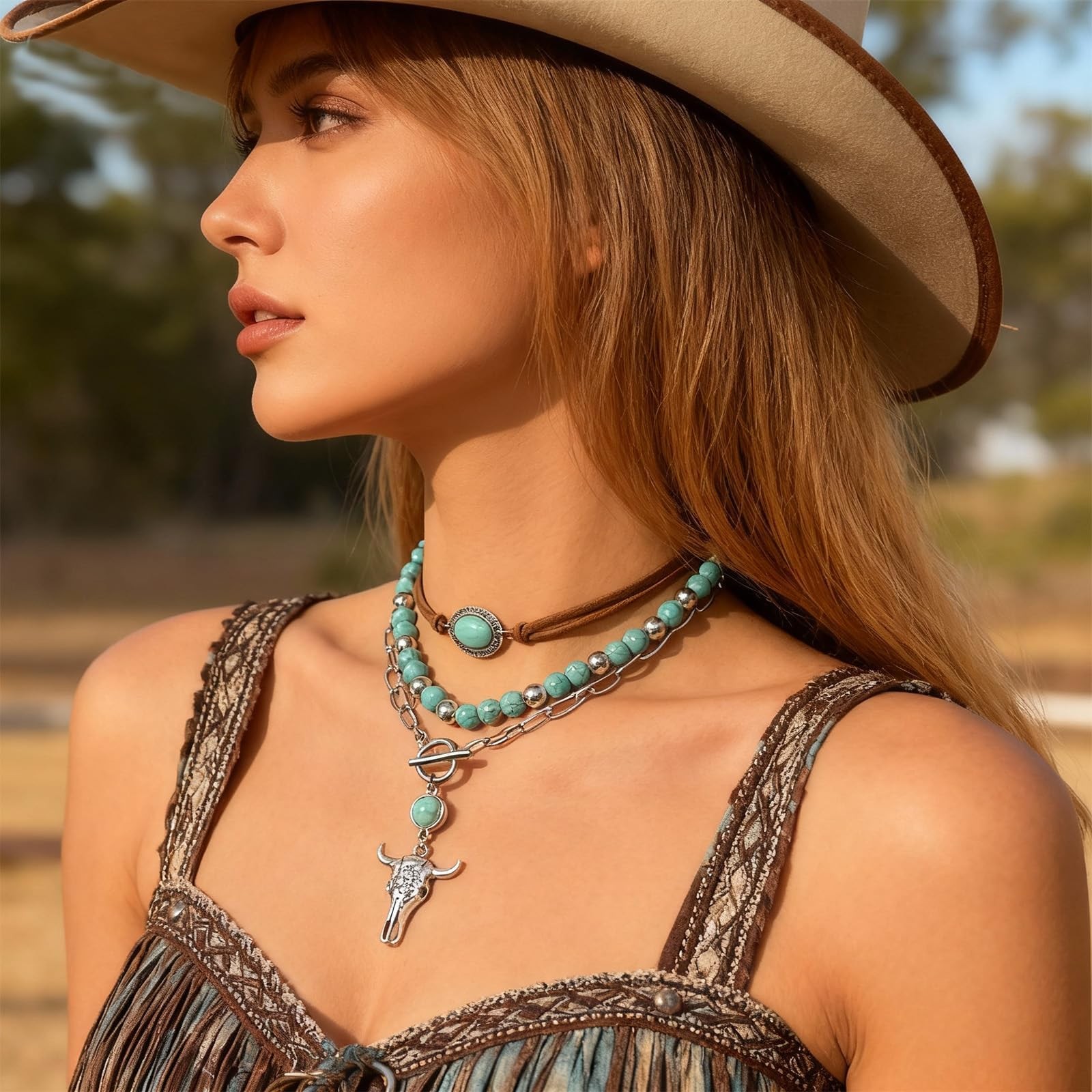 Western Cowgirl Turquoise Layered Necklace for Women Rodeo Chic Jewelry Gift