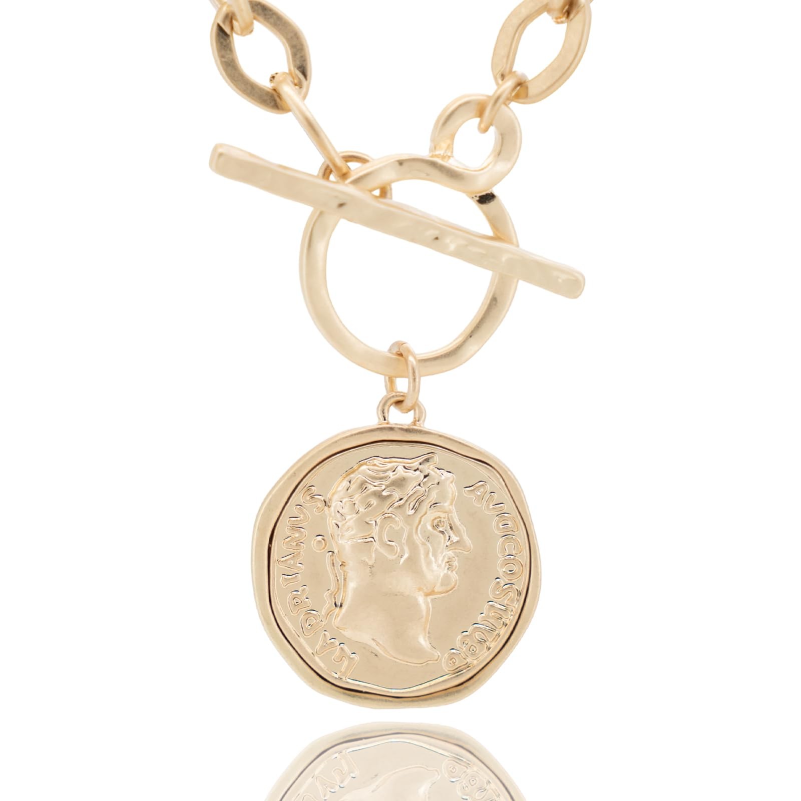 Husykam Chunky Roman Coin Antique Gold Plated Thick Link Chain 2Pcs Layered Set