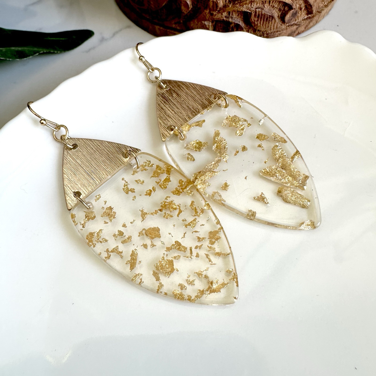 Clear Resin Acrylic Gold Flake Earrings Gold Fleck Gift Jewelry NEW Bohemian