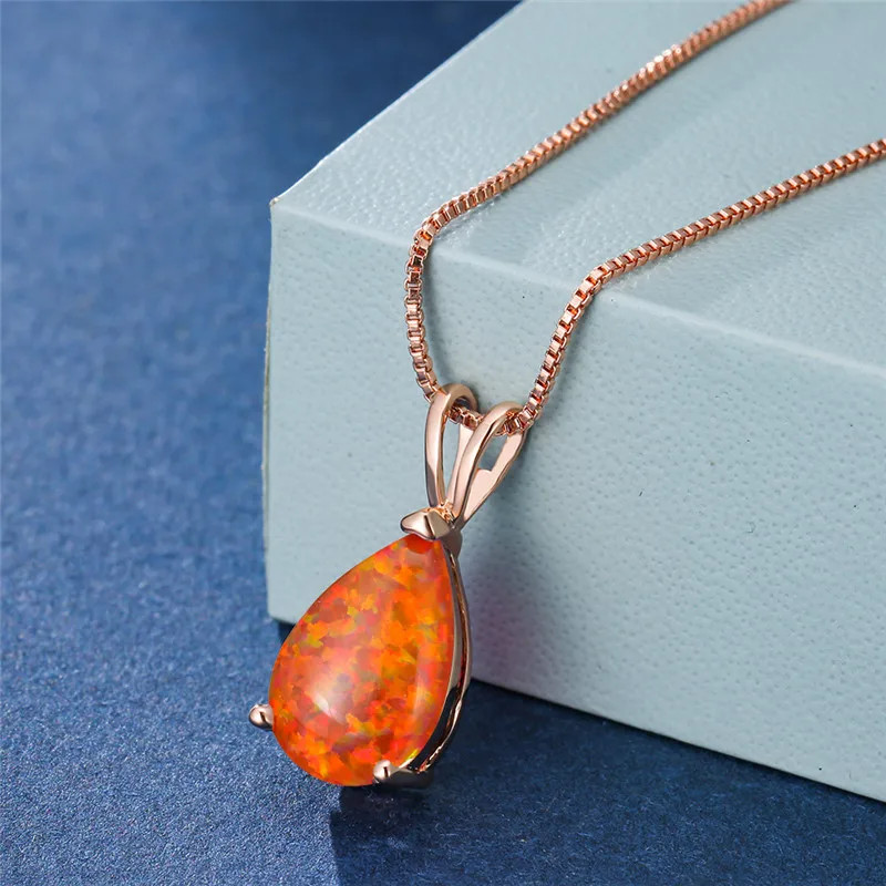 Boho Female Small Blue Green Opal Water Drop Pendant Necklace Silver Color Weddi
