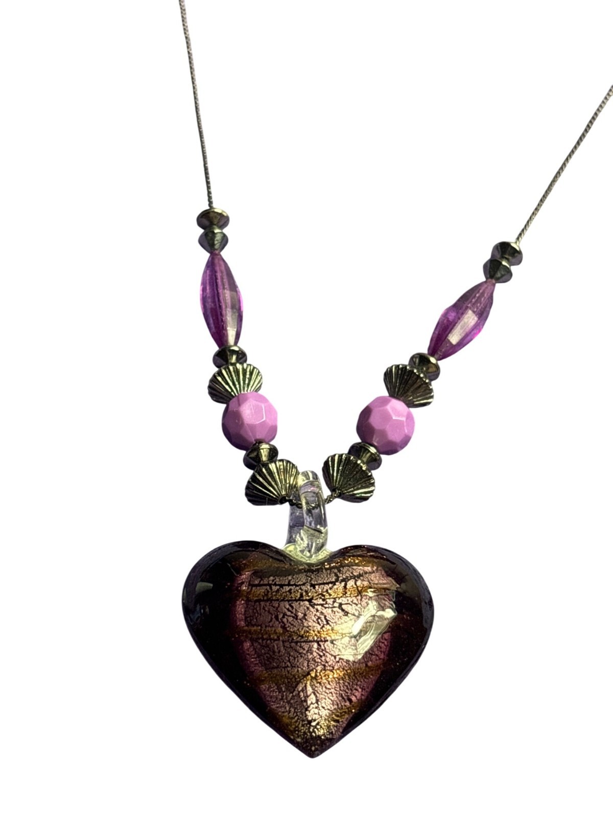 Purple Art Glass Pendant Necklace Gumetal Plastic Beads 17 – 20 inches Long