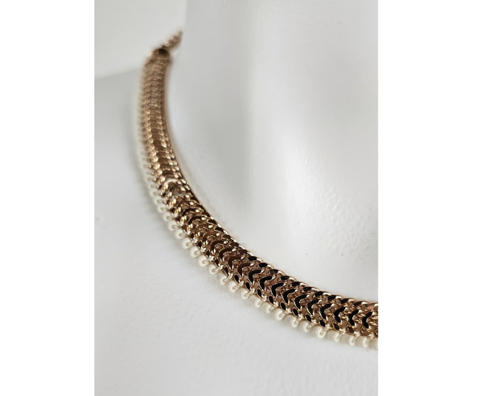 Elegant Gold-Tone Chevron Chain Necklace & Bracelet Set with White Seed Beads