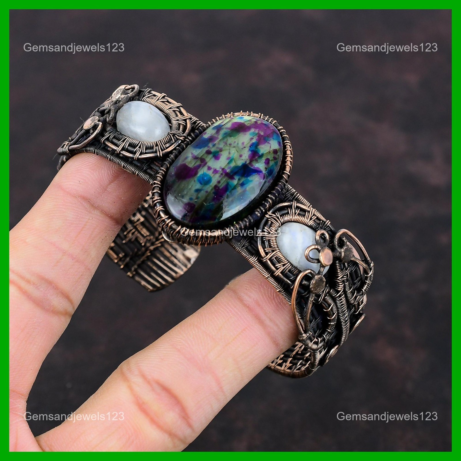 Multi Fire Labradorite Stone Rainbow Moonstone Copper Wife Boho Bangle Bracelet