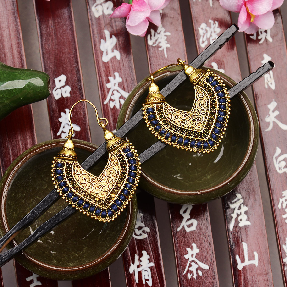 Retro Bohemian Boho Retro Heart Carved Ethnic Geometry Women Gold Stud Earrings