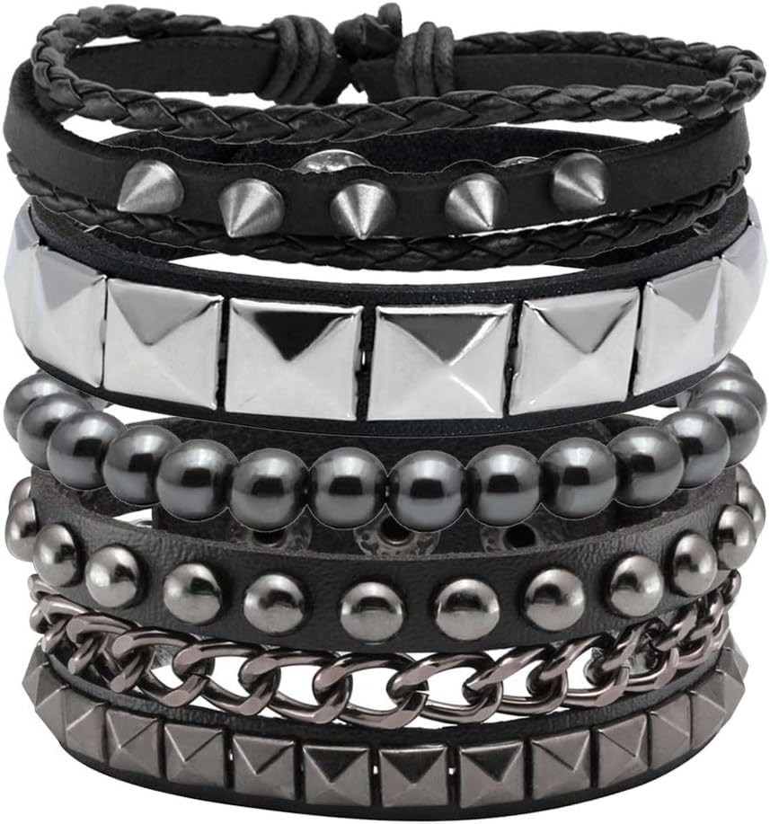 Handcrafted Punk Rock Leather Cuff Bracelets – 4pcs Unisex Set for All Occasions