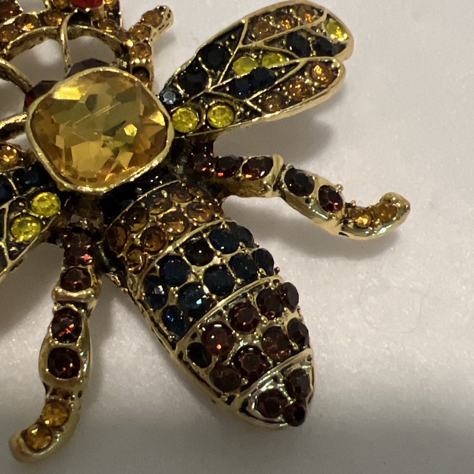 Queen Bee Brooch Crown Gold Tone Insect Pin Red Yellow Blue