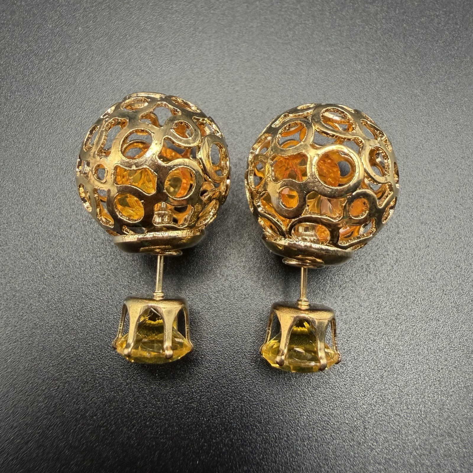 Gold Tone Filigree Ball Ear Studs With Amber Yellow Backing Crystal Earrings New