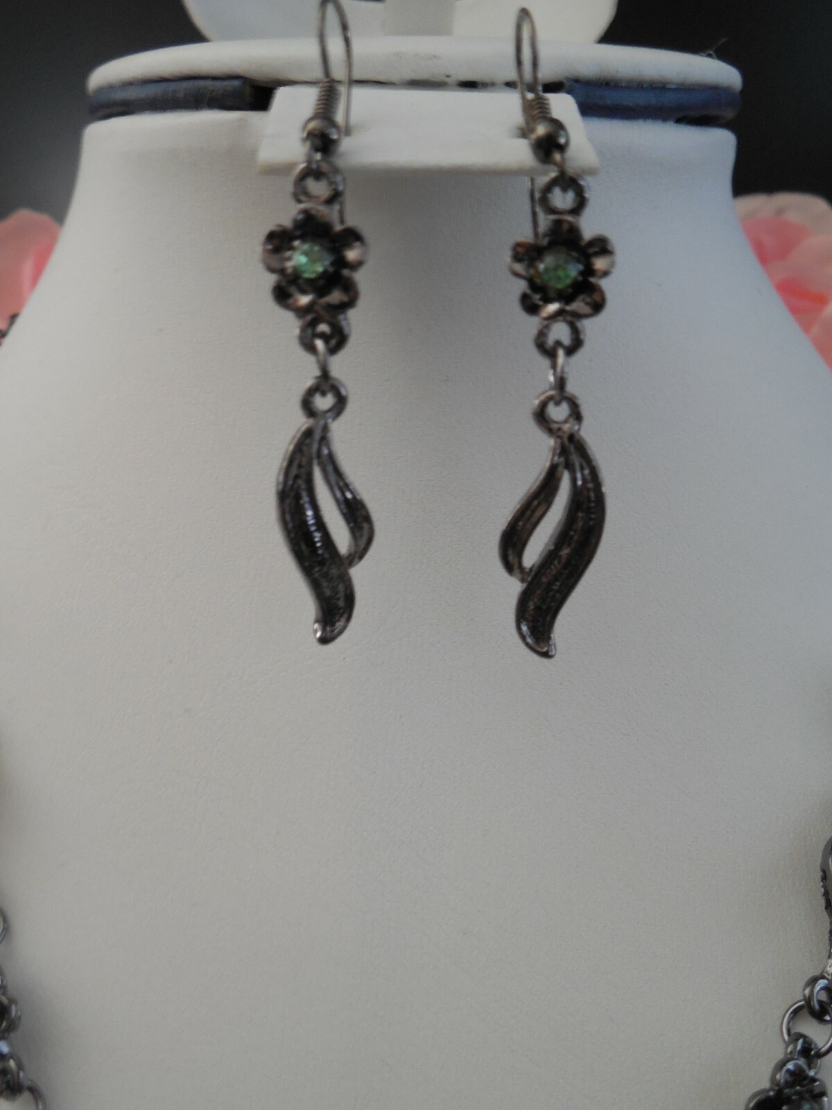 Lovely Ion Plated Black Stainless Steel Peridot Rhinestone Chevron Necklace Set