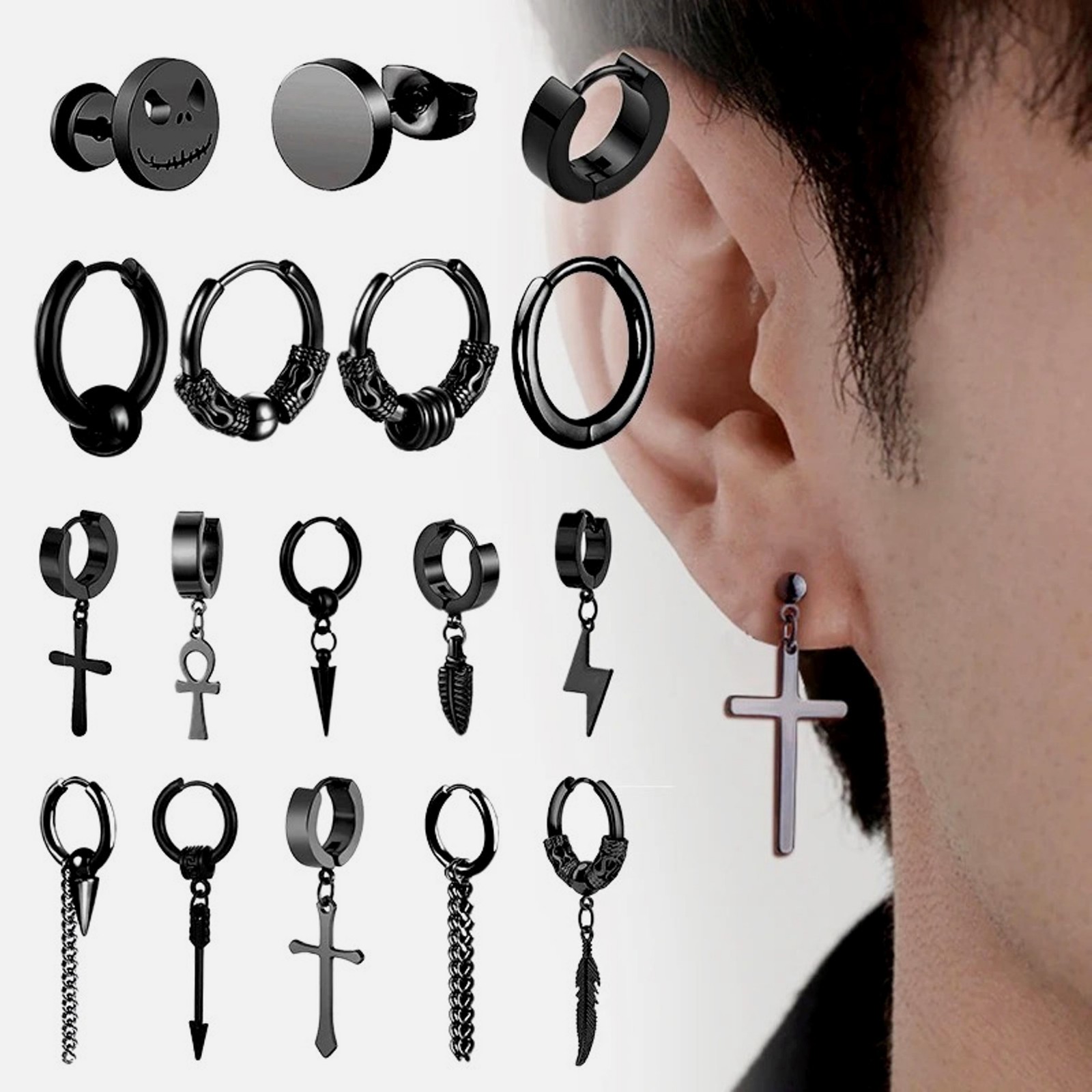Thin hoop men earrings black, Dagger-skull-goth-punk-sword hoops cross, dangle