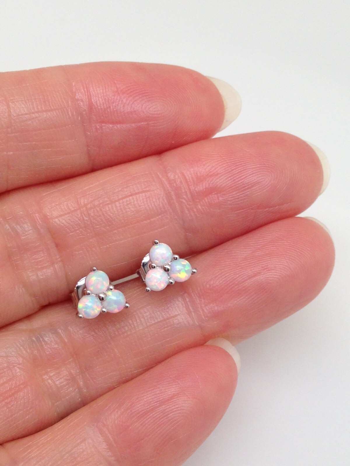 Three Stone White Opal Stud Earrings Sterling Silver 925 Tiny Studs 6mm