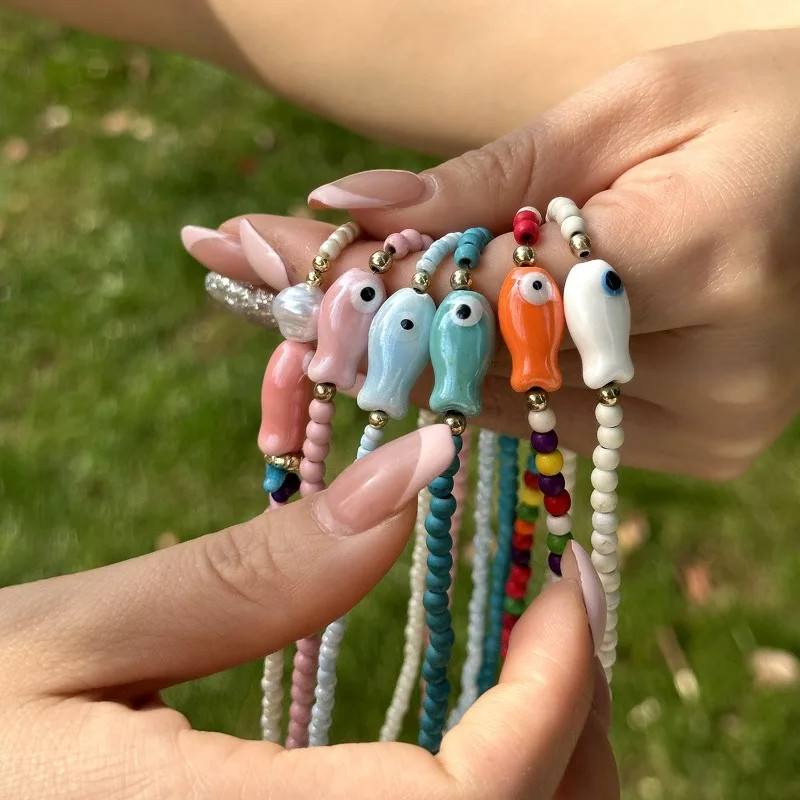 Bohemian Color Simple Ceramic Small Fish Rice Bead Necklace Female Collarbone Ch