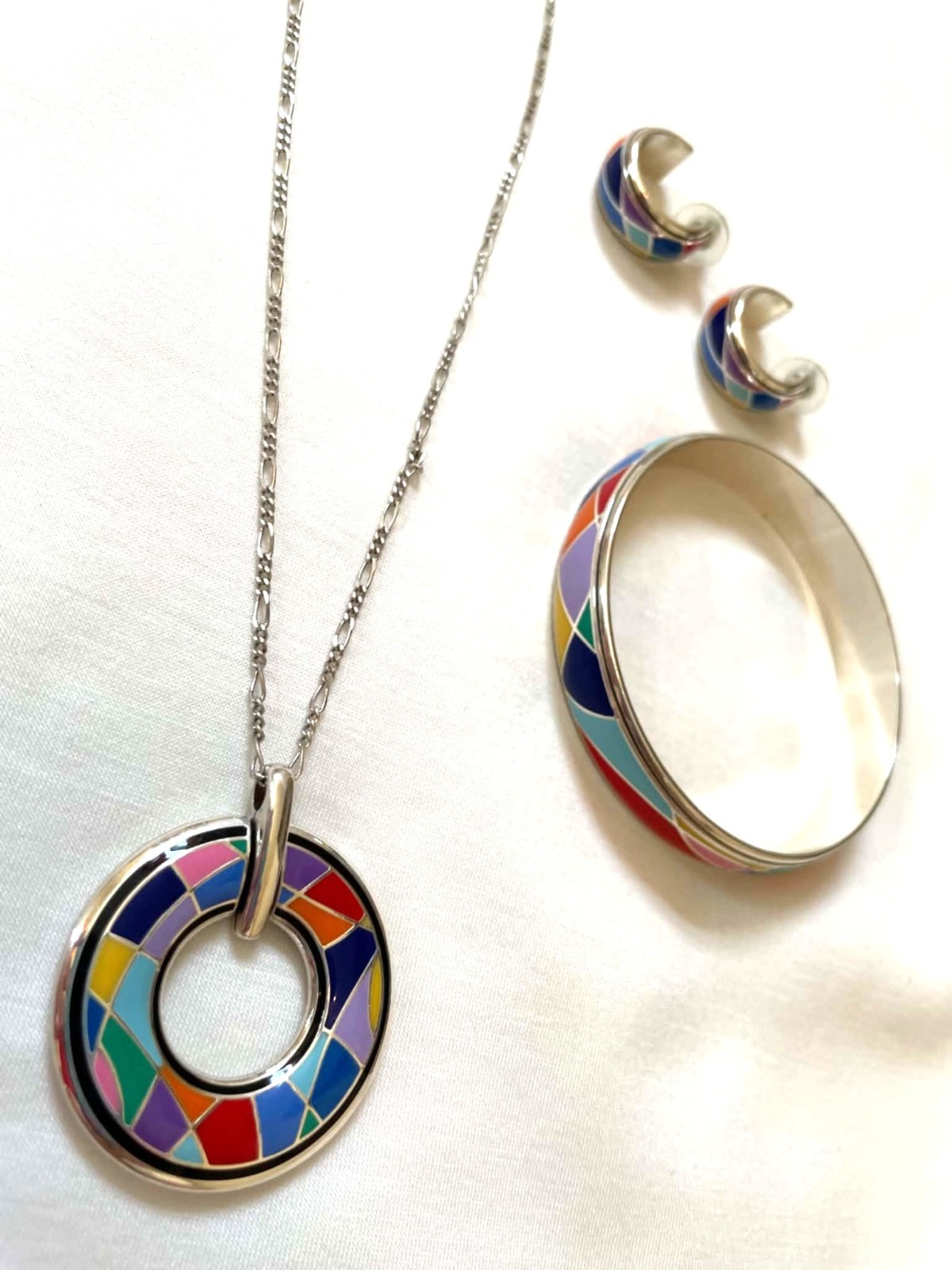 Brighton Colormix Mosaic Enamel Set Reversible Pendant + Bangle + Earrings