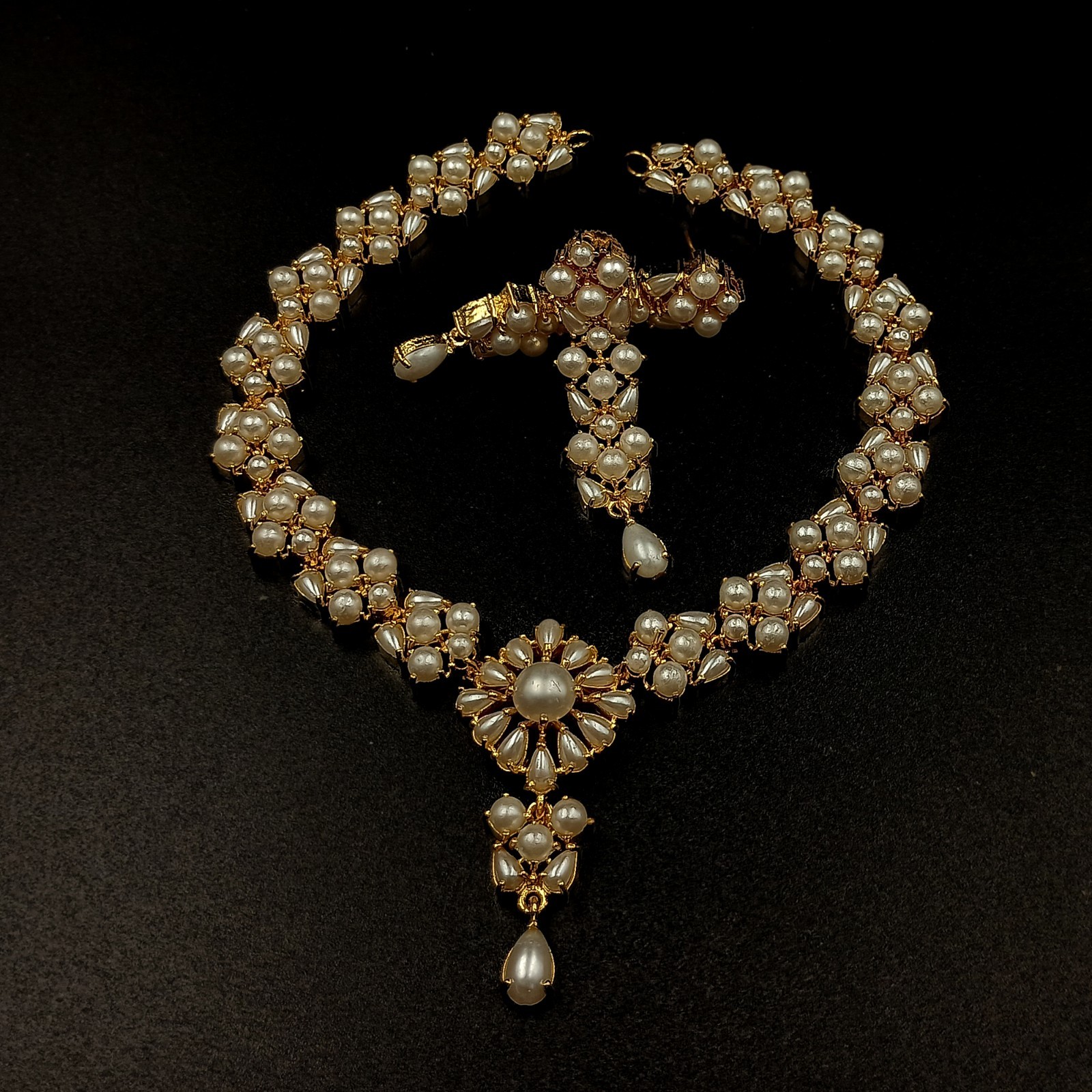Vintage 22K Gold Plated Pearl Necklace Set Traditional Ethnic Statement Sets