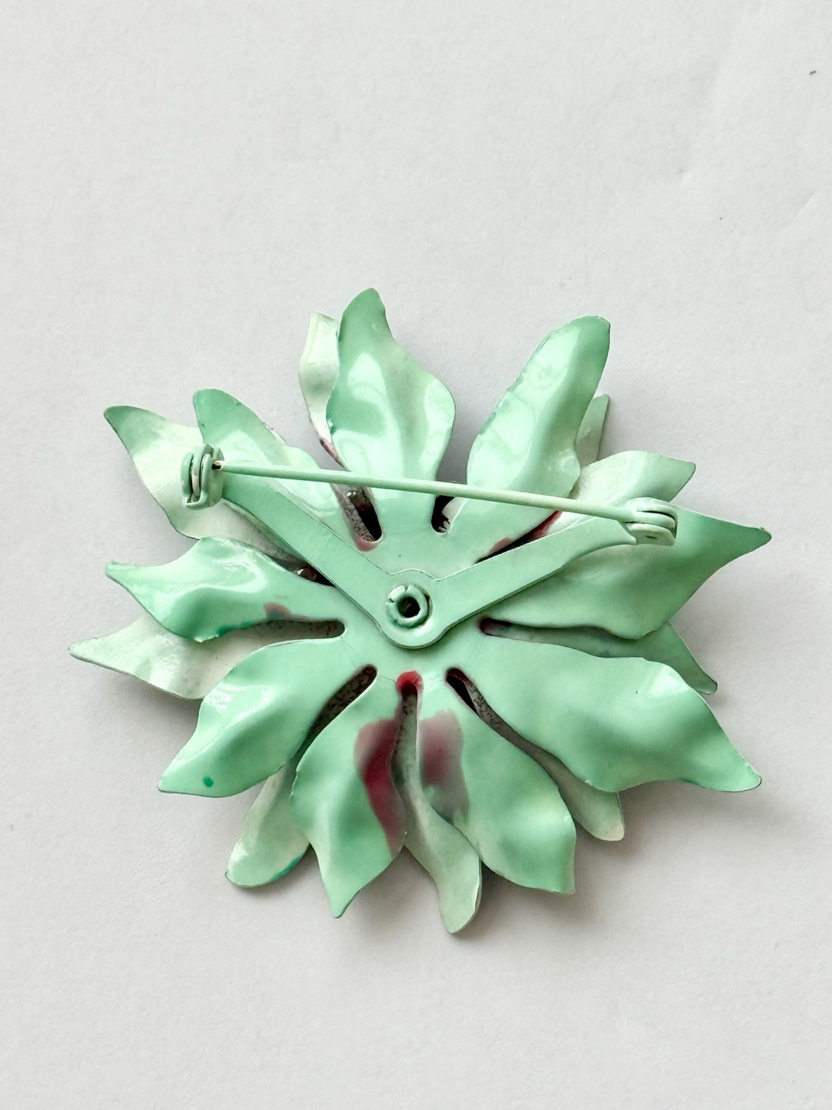 Vintage Enamel Metallic Petals Flower Brooch Pin in Green White Pink