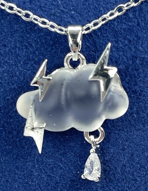 Necklace Iridescent White Cloud Silver Tone Lightning Bolts & Zirconia Rain Drop