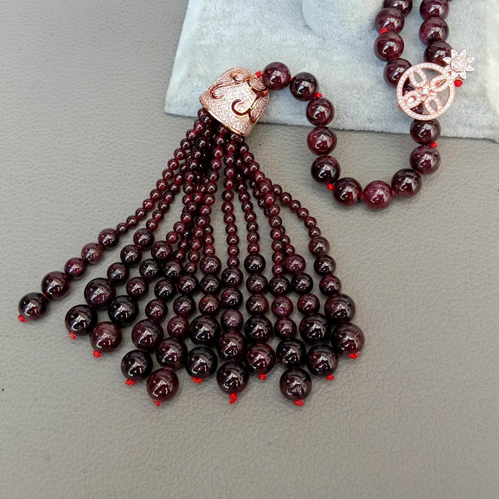 Natural Round Garnet Y-Drop Necklace Graduated Tassel Cz Pave Cap Pendant 29″