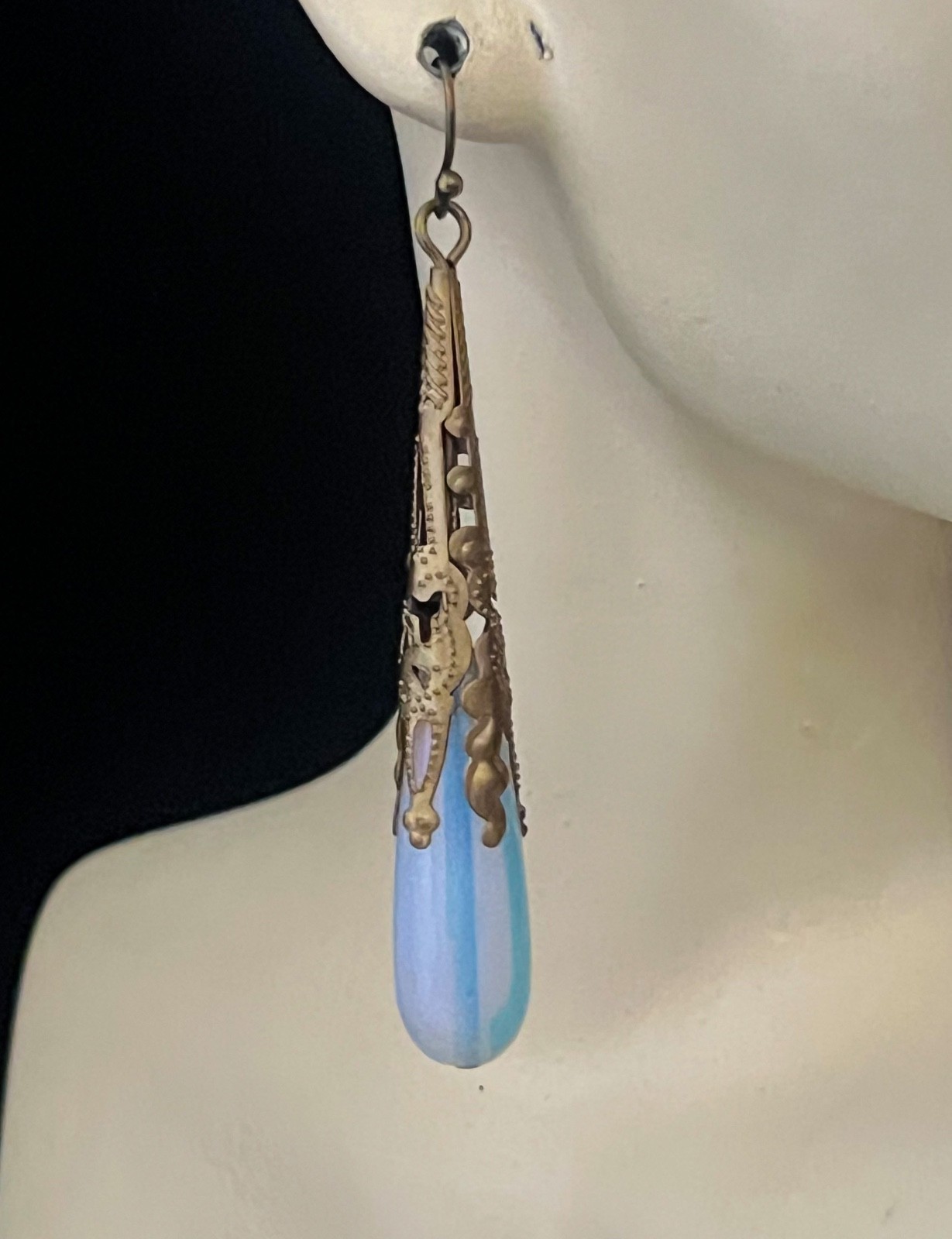 Opalite Earrings Long Filigree Glass Drops Art Nouveau Jewelry