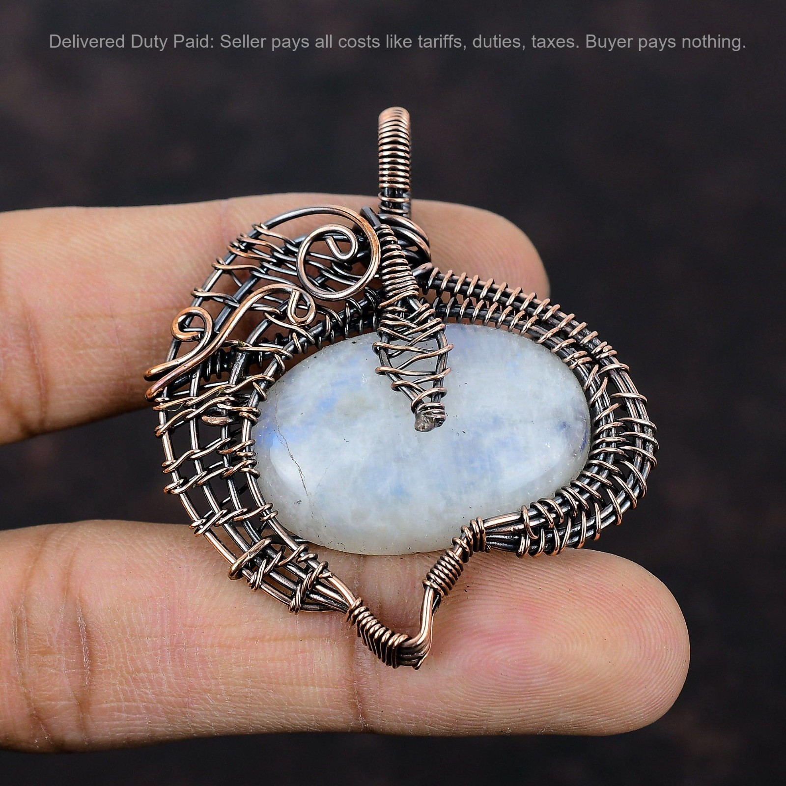Oval Natural Rainbow Moonstone Sister Boho Handmade Wire Wrapped Pendant Copper