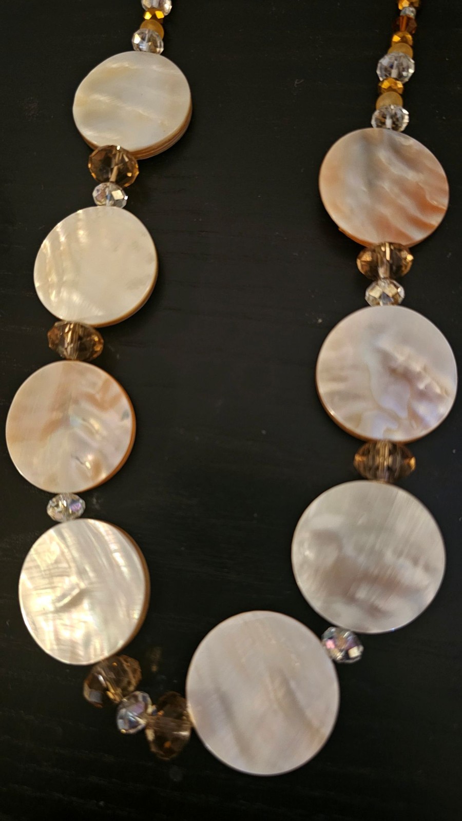 Necklace 22 inch Mother of Pearl with Amber Clear Crystal Accent Beads by JOY