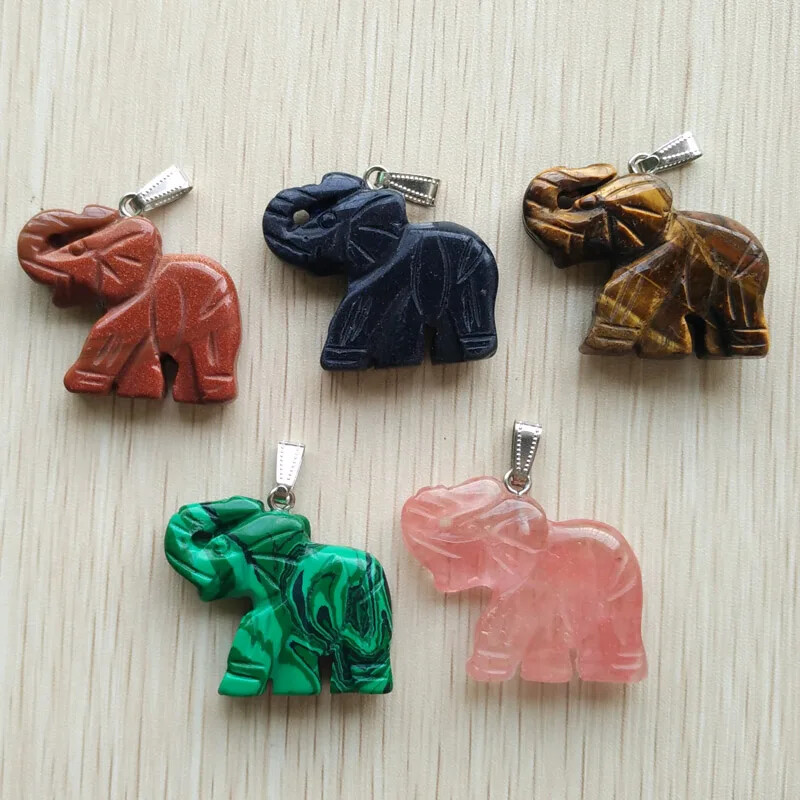 Mixed Natural Stone Carved Elephant Charms Jewelry Making Pendants 10pcs/lot