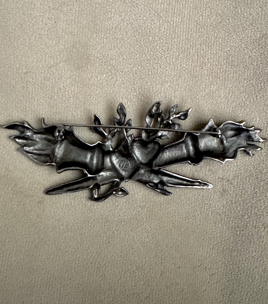 Vintage Karl Lagerfeld 1993 Flaming Heart Torch Brooch Pin Gunmetal Tone *RARE*