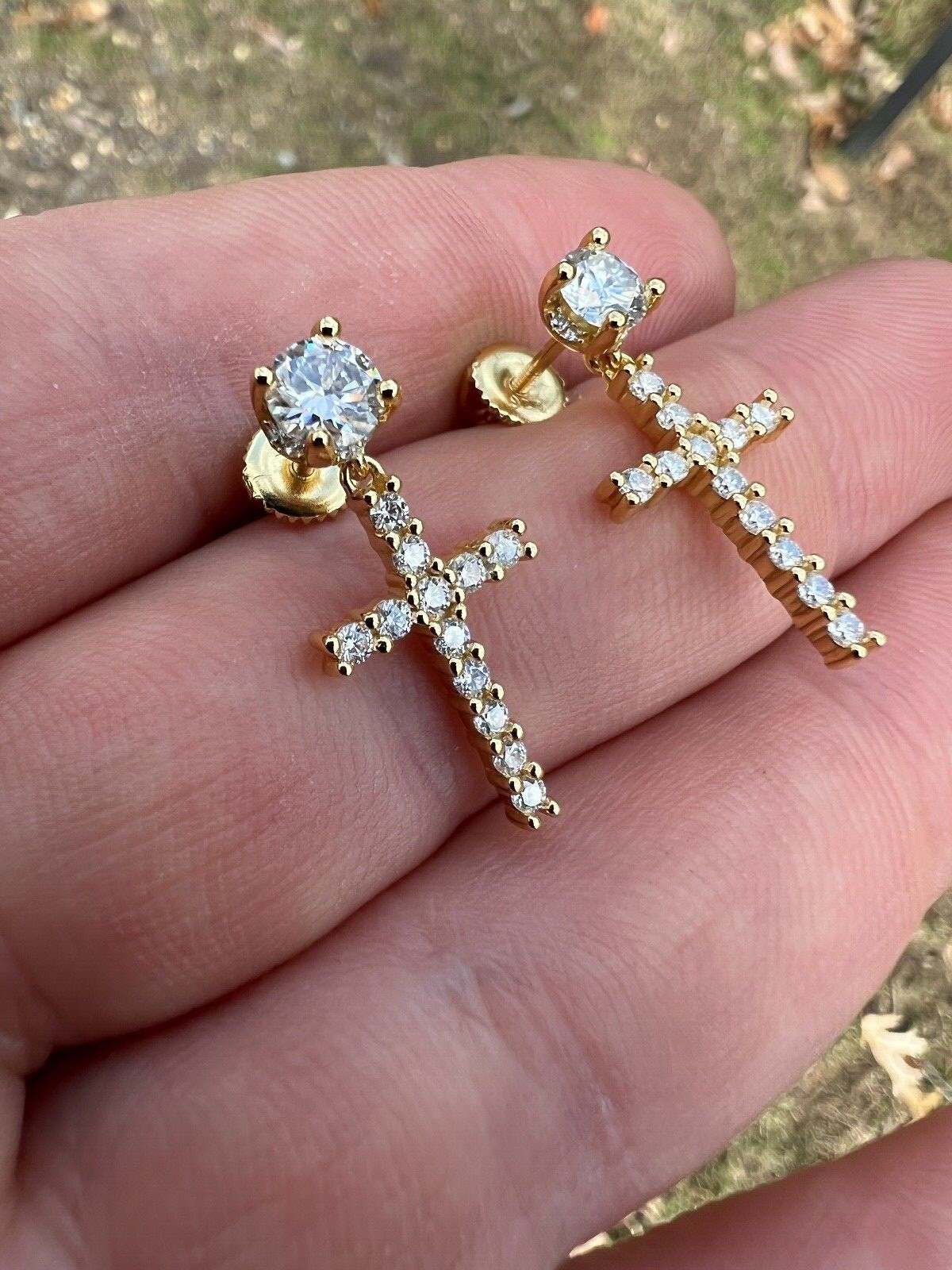 Real MOISSANITE 14k Gold Plated Dangle Cross Studs Earrings Iced Passes Tester