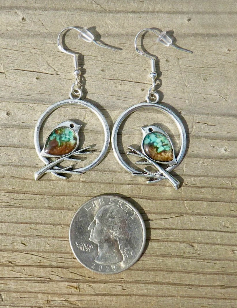 Beautiful Unique Bird Branch Earrings, Turquoise Sand Inlaid