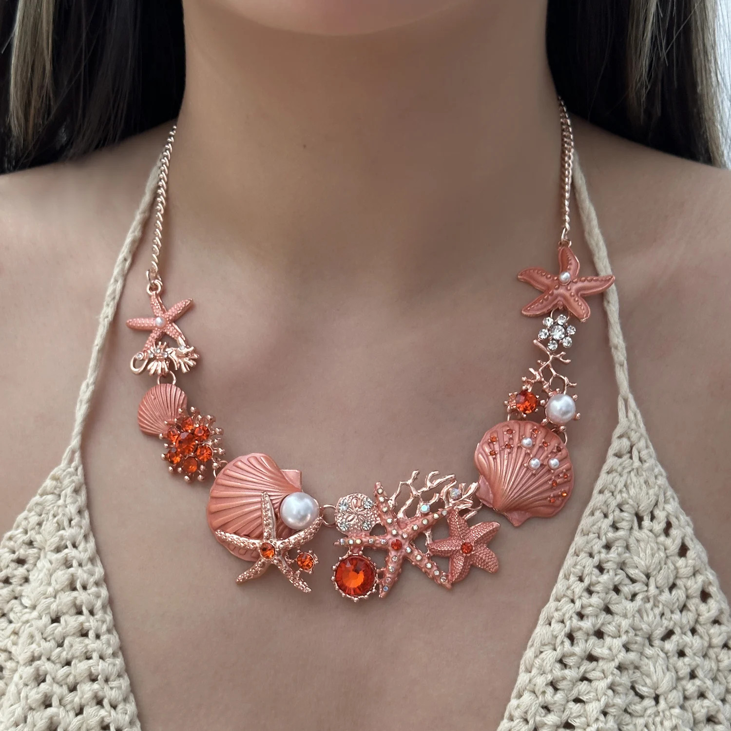 Boho Shiny Starfish Shell Coral Pearl Pendant Necklace for Women Exaggerated Met