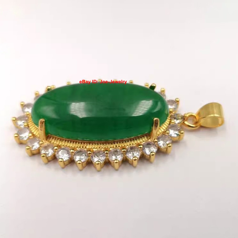 Yellow Plated Alloy Heated Oval Green Jade Pendant Vintage Chinese Style 48mm H